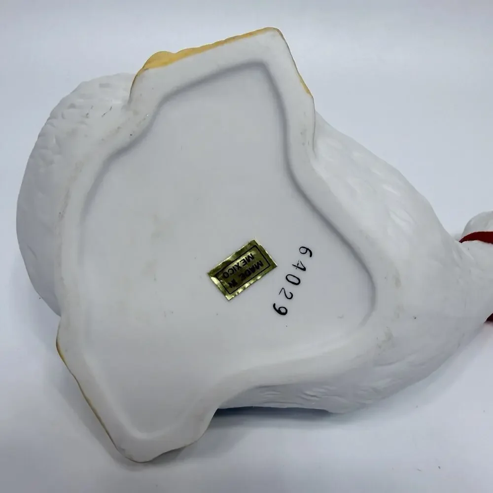 Vintage 1990s Bisque Porcelain Country Goose Planter Cottagcore Red Bow 8